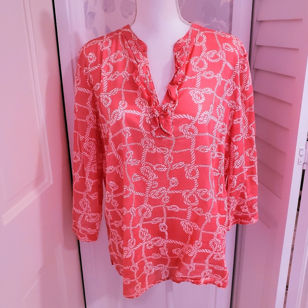 Talbots Coral/Pink and White Knot Nautical Pattern Cotton Blouse Size Large